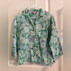 Lilly Pulitzer Pajama Top Shirt Womens Floral Flowers Blue Green Size S
